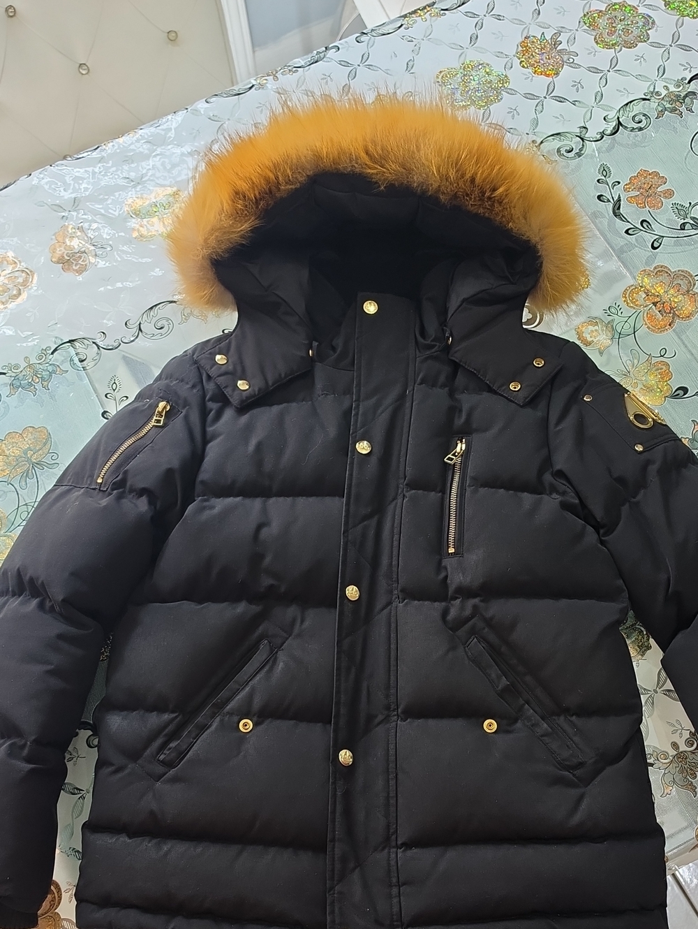 Moose Knuckles Black Puffer Jacket with Orange Hood Fur Trim